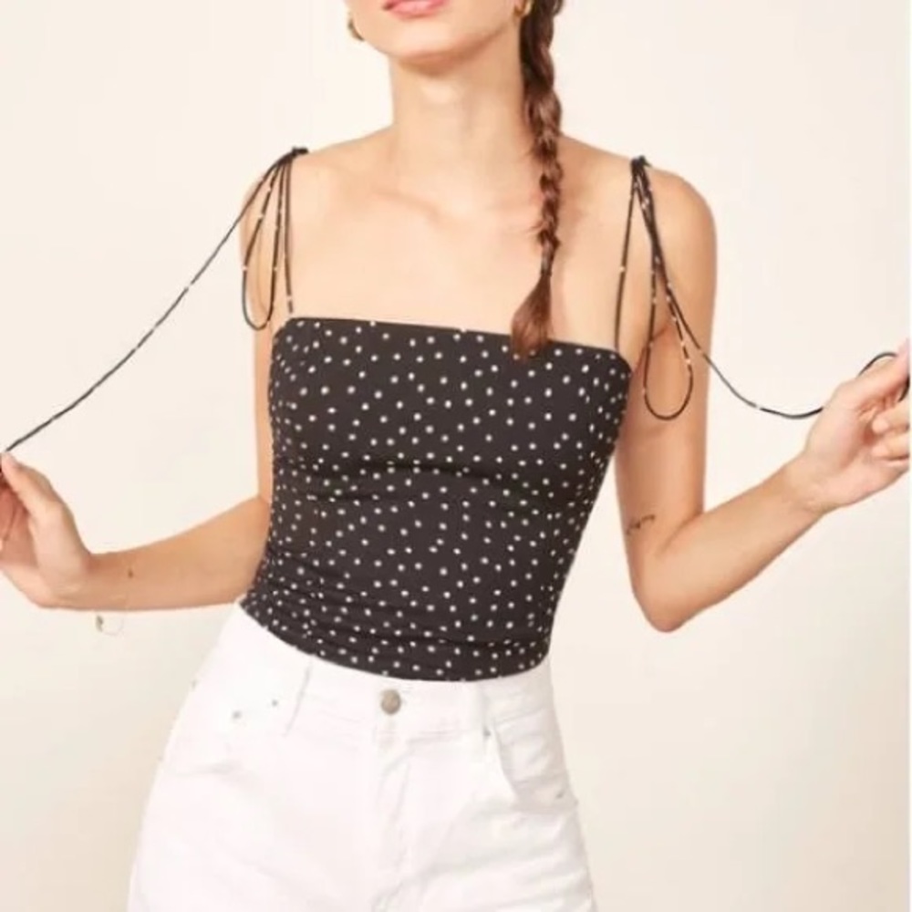 Reformation Lily Polka Dot Tie Shoulder Top, 0